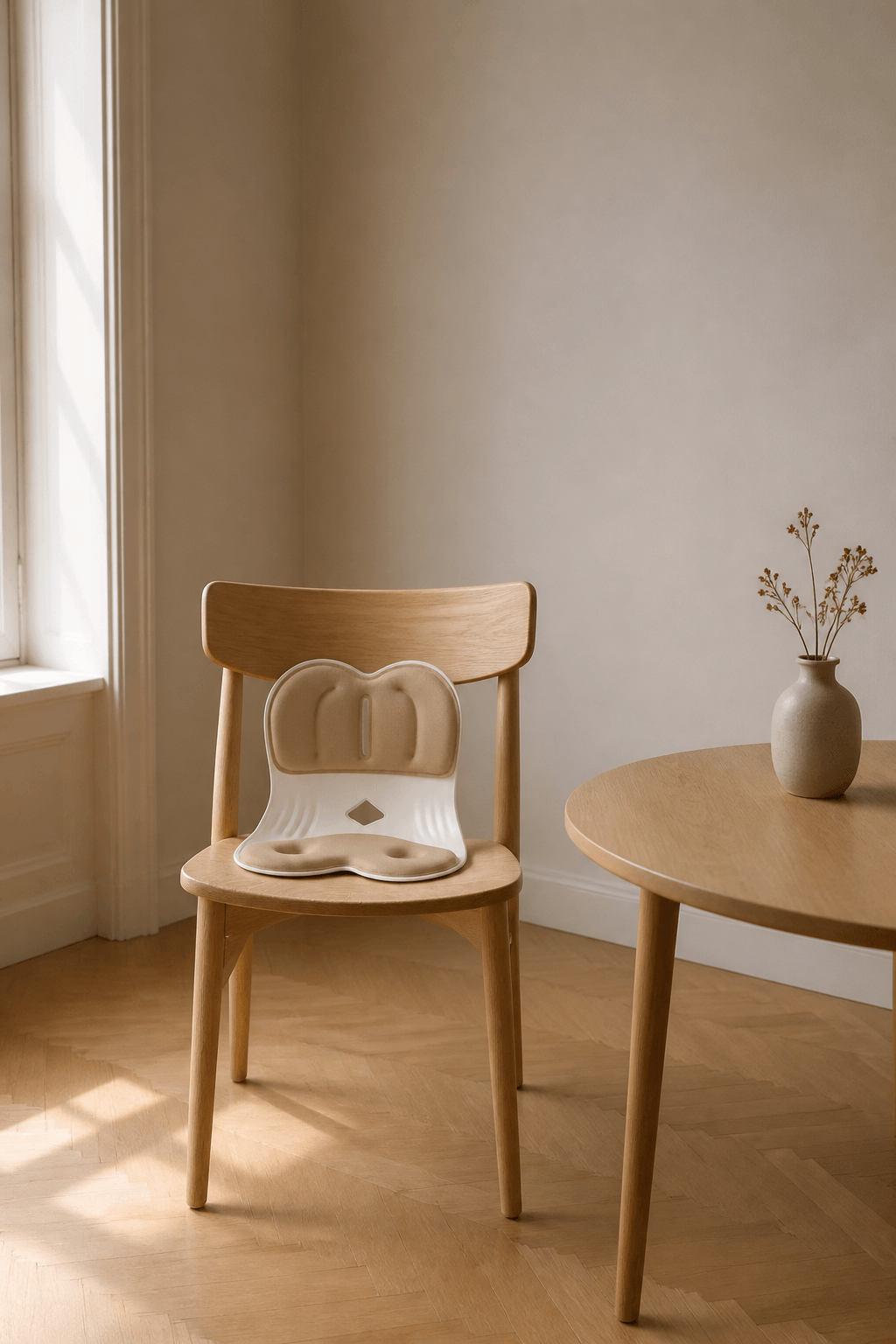 038 Compact in beige, op een eetkamerstoel