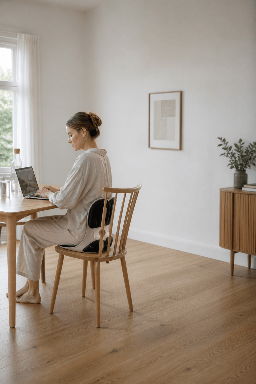 038 Compact op een houten stoel, aan een tafel