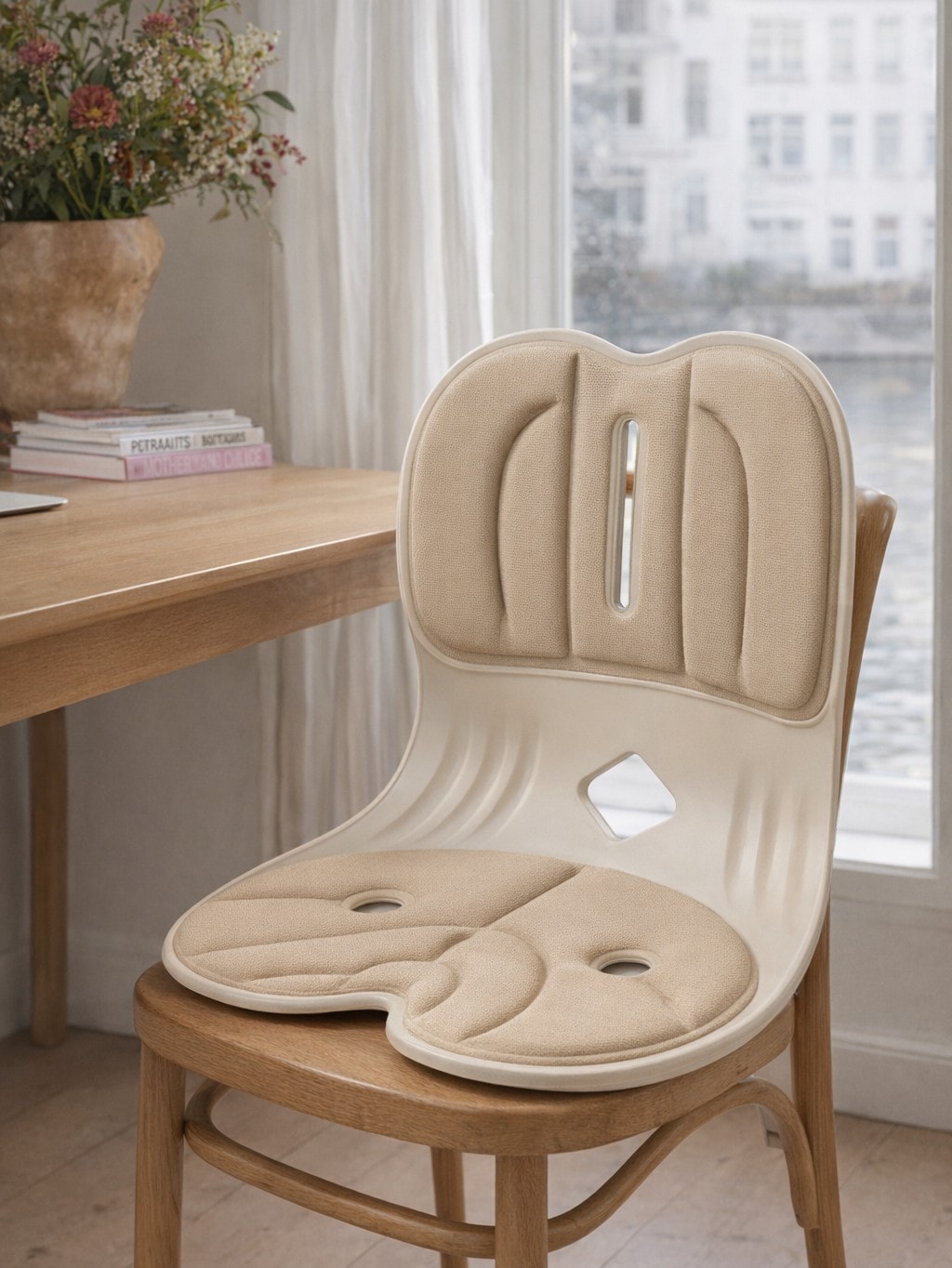 Beisam op een houten stoel naast een tafel met bloemen